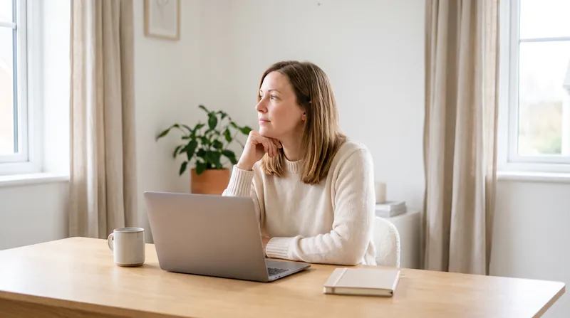 A woman at a laptop in a bright home office gazes thoughtfully out of the window, chin in hand, reflecting on her work and calling