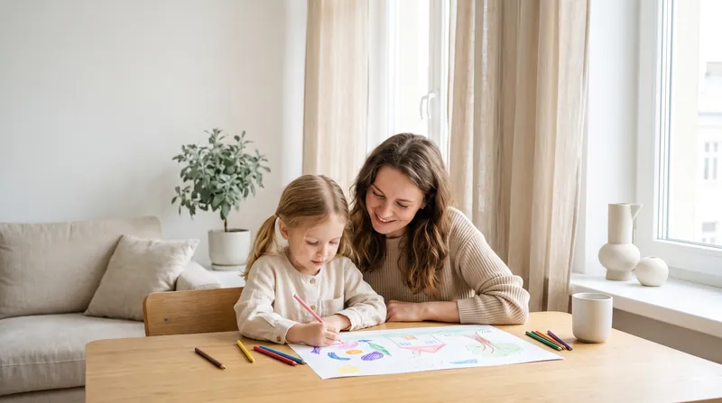 A mother watches with tender curiosity as her little daughter draws with coloured pencils