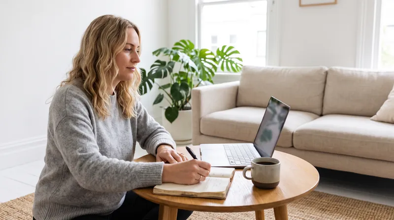 A woman at home on an online video consultation, taking notes in a notebook
