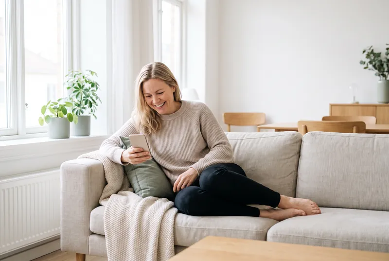 A woman on a sofa by the window smiles with relief as she reads a message on her phone