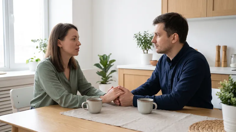 A couple at a kitchen table hold hands during a sincere, calm conversation about their relationship