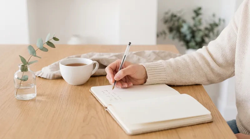 A hand writing questions in a notebook next to a cup of tea