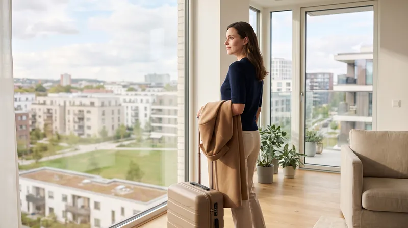 A woman holding a coat, with a suitcase beside her, stands at a large window looking out over the city, deciding where to live