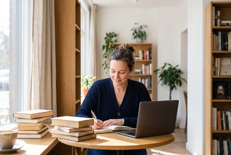 A woman studying with books, a notebook and a laptop at a table in a bright café library, focused and inspired